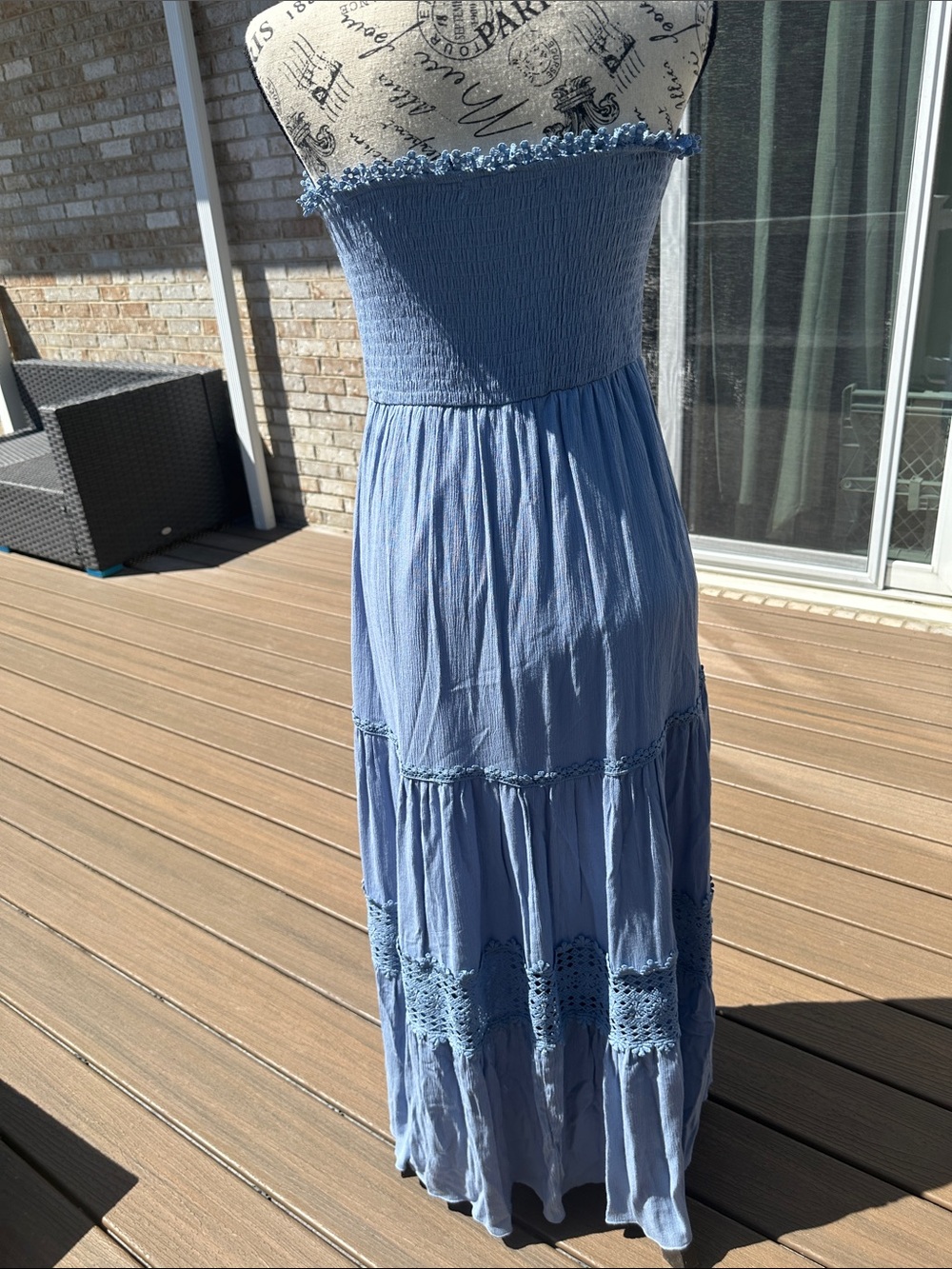 Simplee Apparel Light Blue Strapless Smocked Maxi Dress with Crochet Trim - Picture 5 of 5
